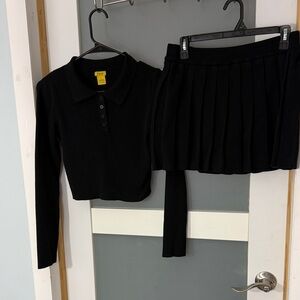 Daisy Black Collared Long Sleeve Top and Skirt